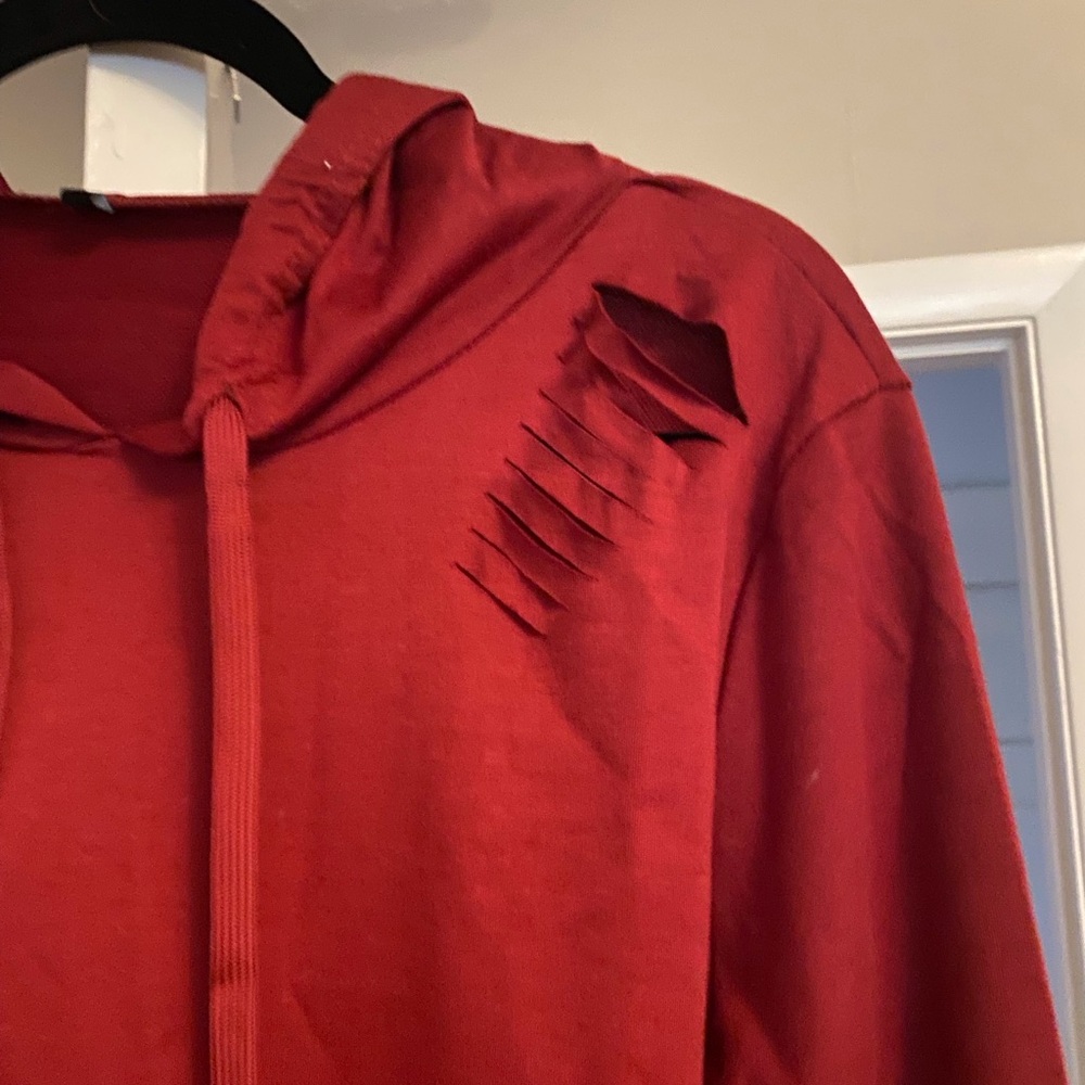 Red Distressed Hoodie with Drawstring - Picture 3 of 9